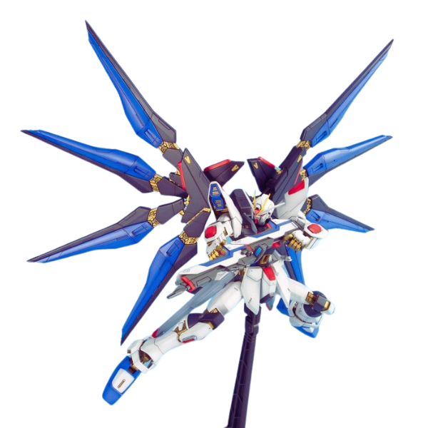 Gundam Express Australia Bandai 1/100 MG ZGMF-X20A Strike Freedom action pose with weapon. 