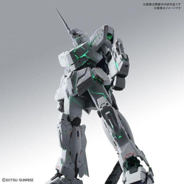 PRE-ORDER Bandai 1/100 MGEX Unicorn Gundam Ver Ka front on view. green leds