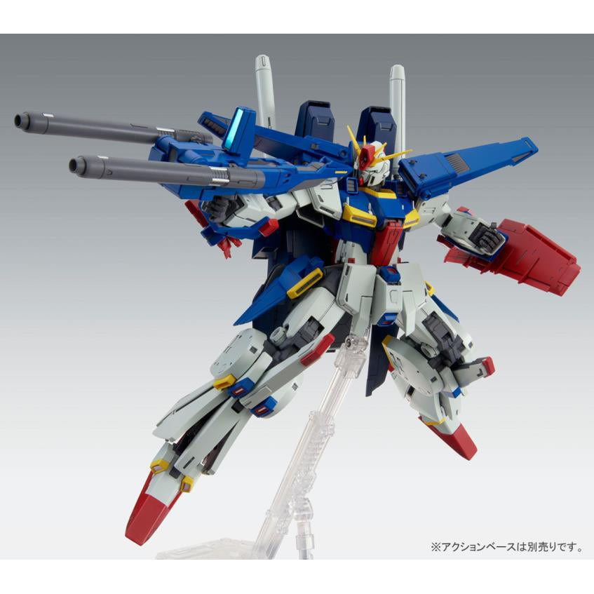 P-Bandai 1/100 MG Enhanced ZZ Gundam Ver Ka action pose with weapon. 