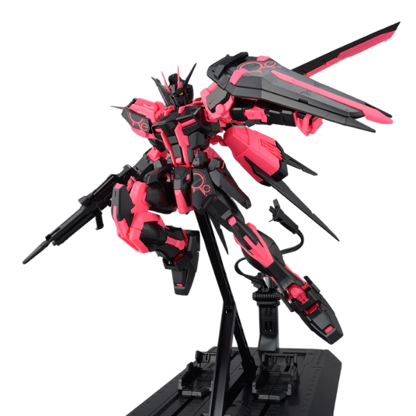 Gundam Express Australia P-Bandai 1/100 MG Gundam Base Limited Ecopla Aile Strike Ver RM [Recirculation Colour/Neon Pink] action pose