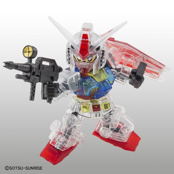 Bandai SDCS Gundam Base Limited RX-78-2 Gundam [Clear Colour] action pose with weapon. 