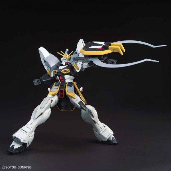 Bandai 1/144 HGAC Gundam Sandrock action pose with weapon. 