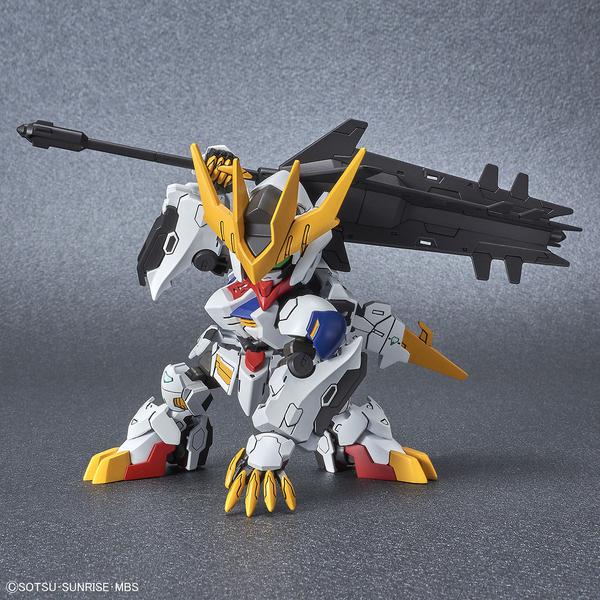 Bandai SD Gundam Cross Silhouette Gundam Barbatos Lupus Rex action pose with weapon. 