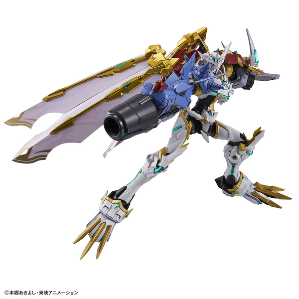 Bandai Figure Rise Standard Amplified Omnimon (X Antibody) action pose with weapon. 