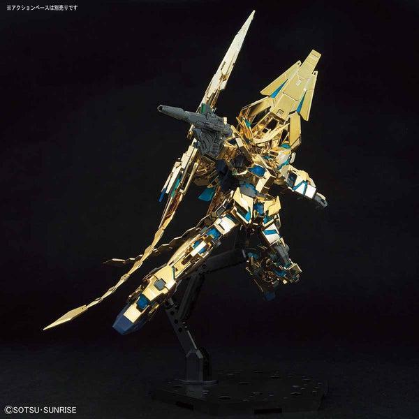 Bandai 1/144 HGUC Gundam Unicorn 03 Phenex [Destroy Mode] (Narrative Ver.) Gold Plated Ver. action pose with weapon. 