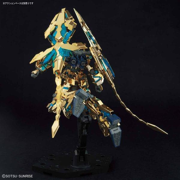 Bandai 1/144 HGUC Gundam Unicorn 03 Phenex [Destroy Mode] (Narrative Ver.) Gold Plated Ver. rear view. action pose